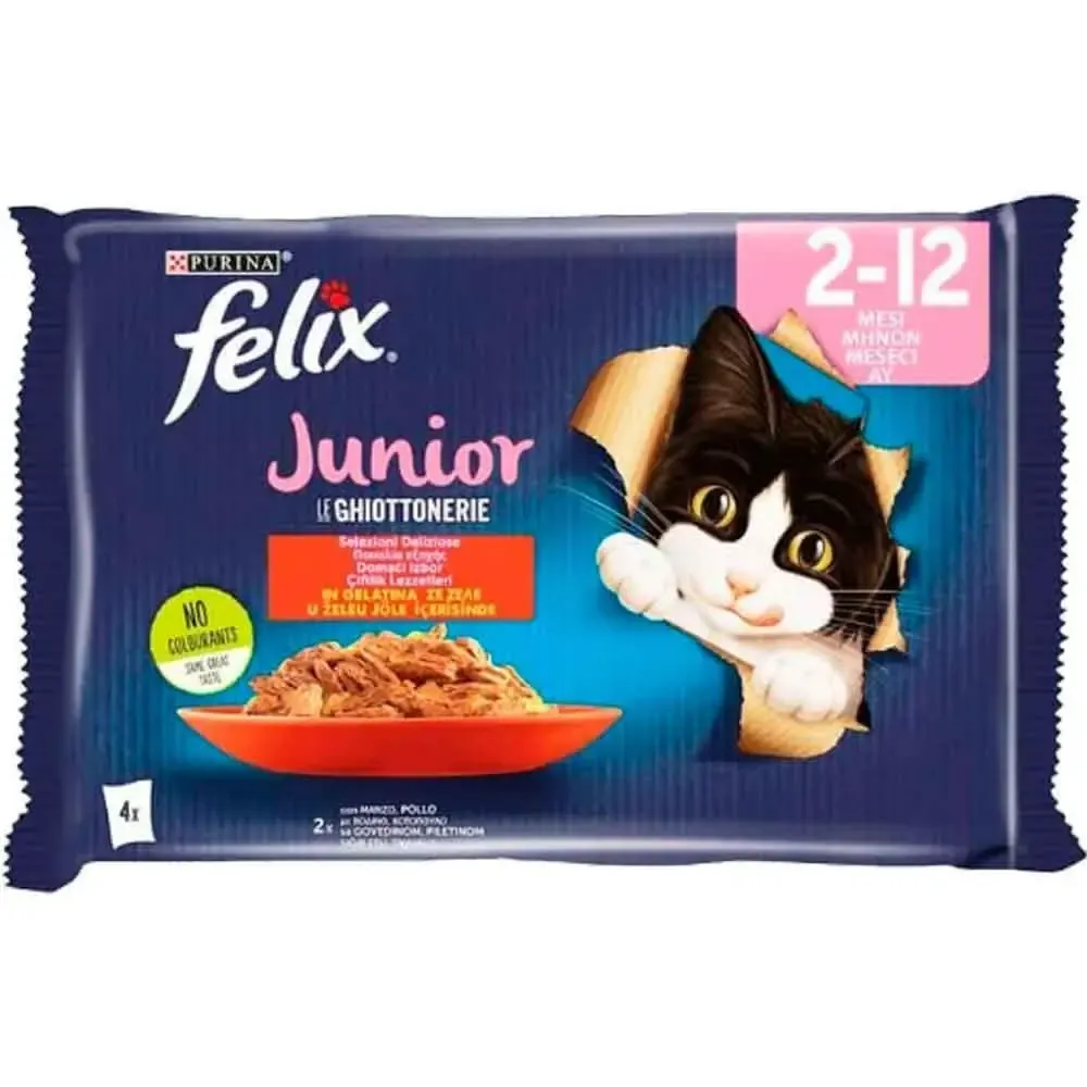 Felix Multi Pouch Junior Sığır Etli ve Tavuklu Yavru Yaş Kedi Maması 4 Adet x 85 Gr