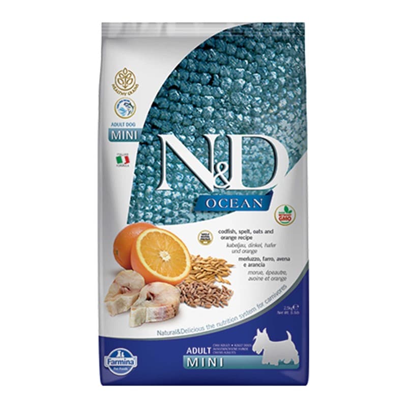 N&D Ocean Düşük Tahıllı Morina Balığı ve Portakallı Küçük Irk Köpek Maması paket görseli