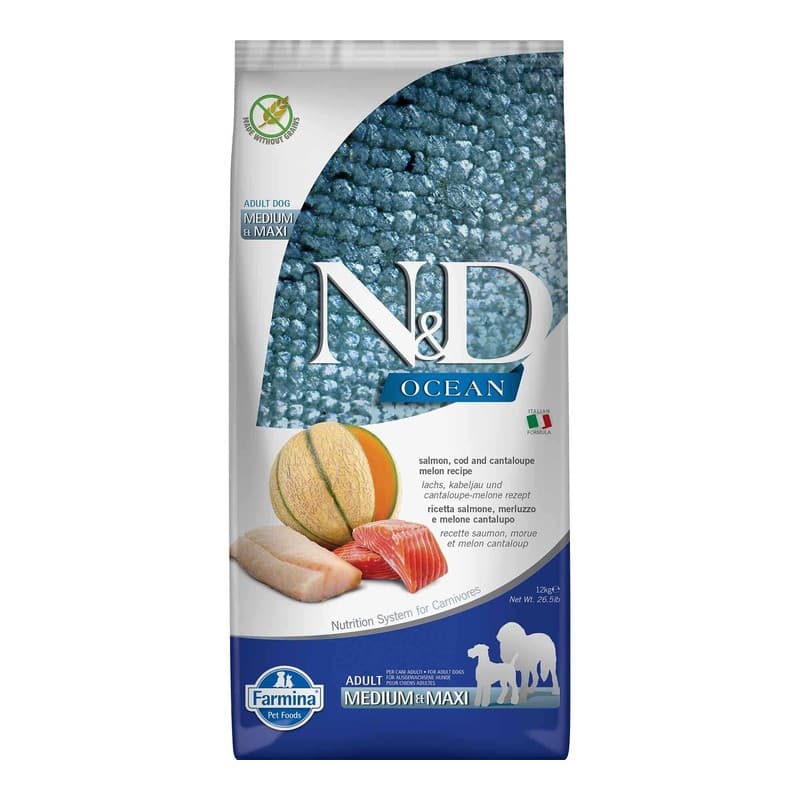 N&D Ocean Tahılsız Somon, Morina Balığı ve Kavun Orta ve Büyük Irk Köpek Maması paket görseli