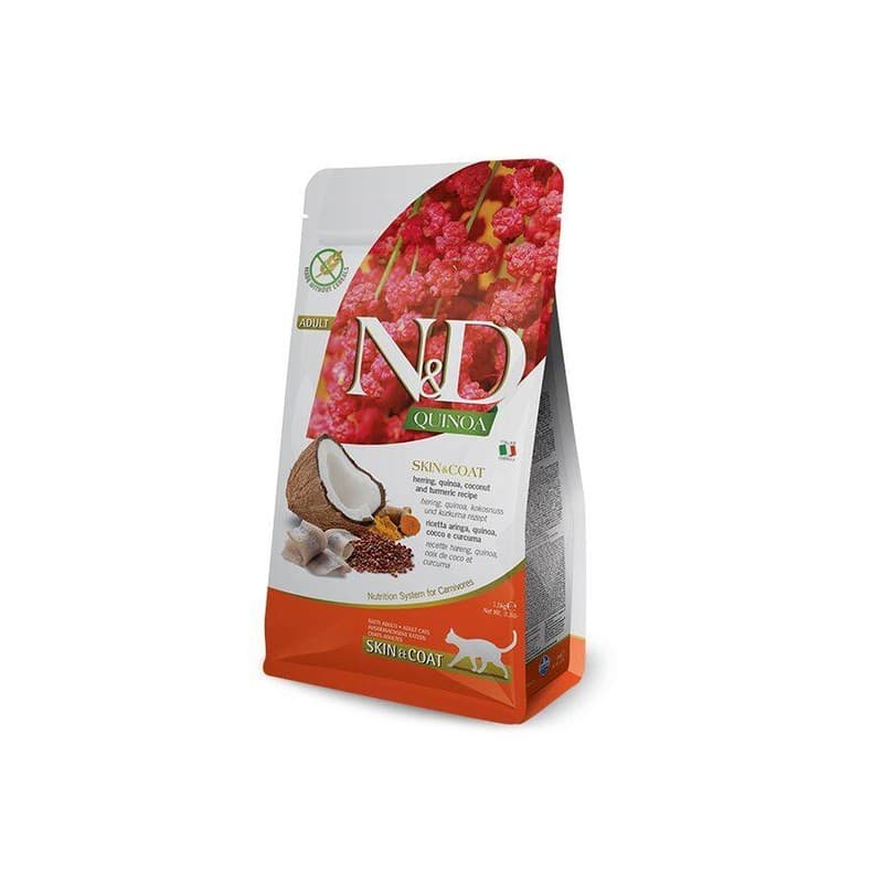N&D Quinoa Skin Coat Ringa Balığı, Kinoa ve Hindistan Cevizi Kedi Maması paket görseli