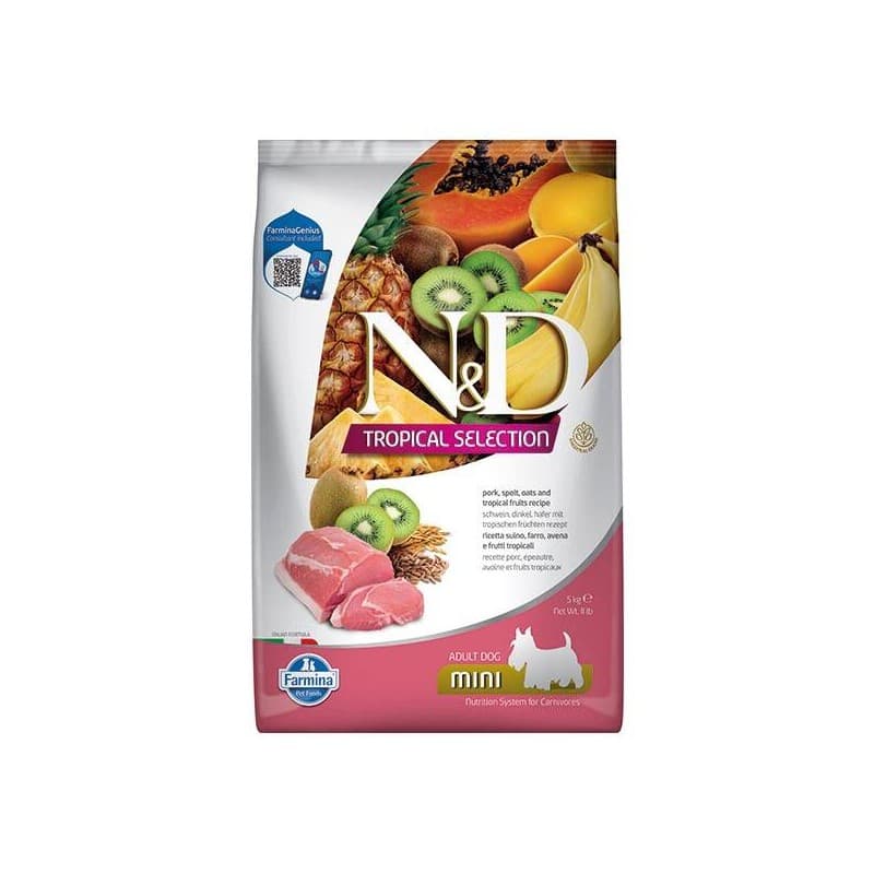 N&D Tropical Selection Domuz ve Tropikal Meyveli Mini Irk Köpek Maması paket görseli